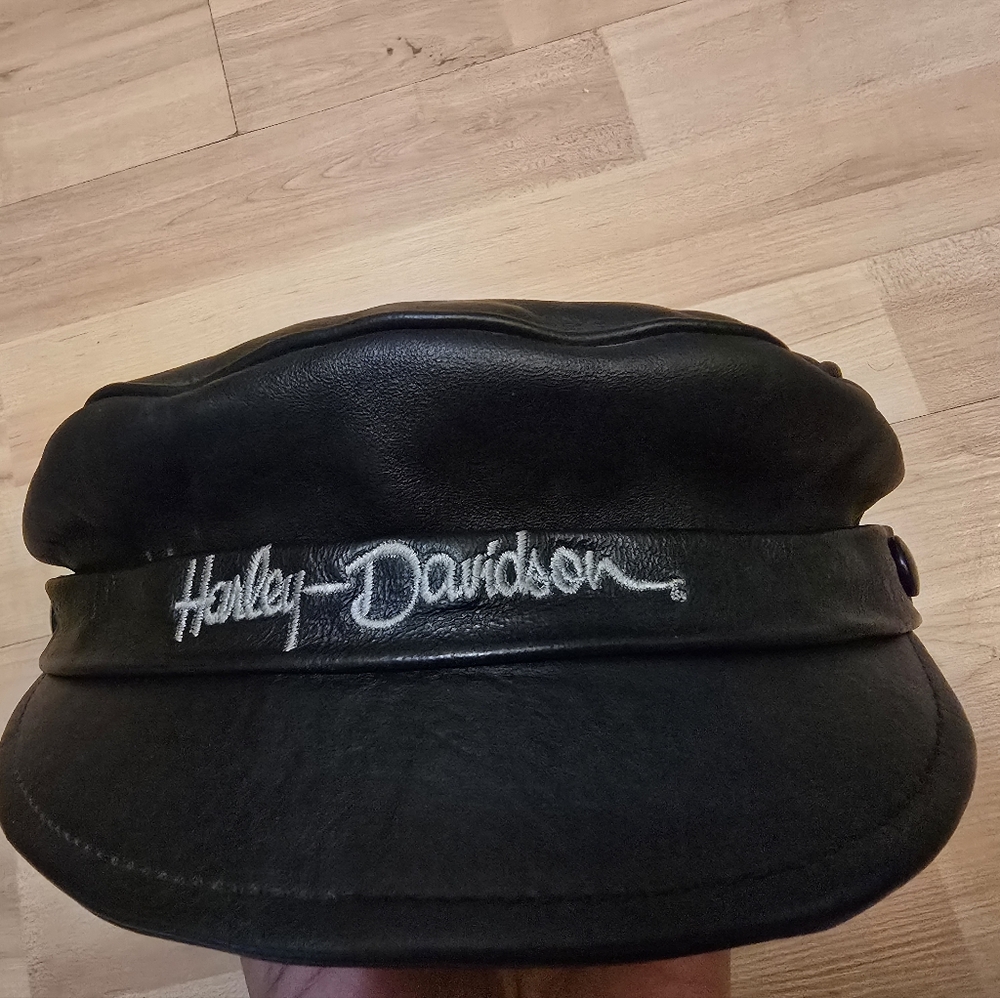 Harley Davidson Hat Black Leather News Boy Cap Made in USA Vintage